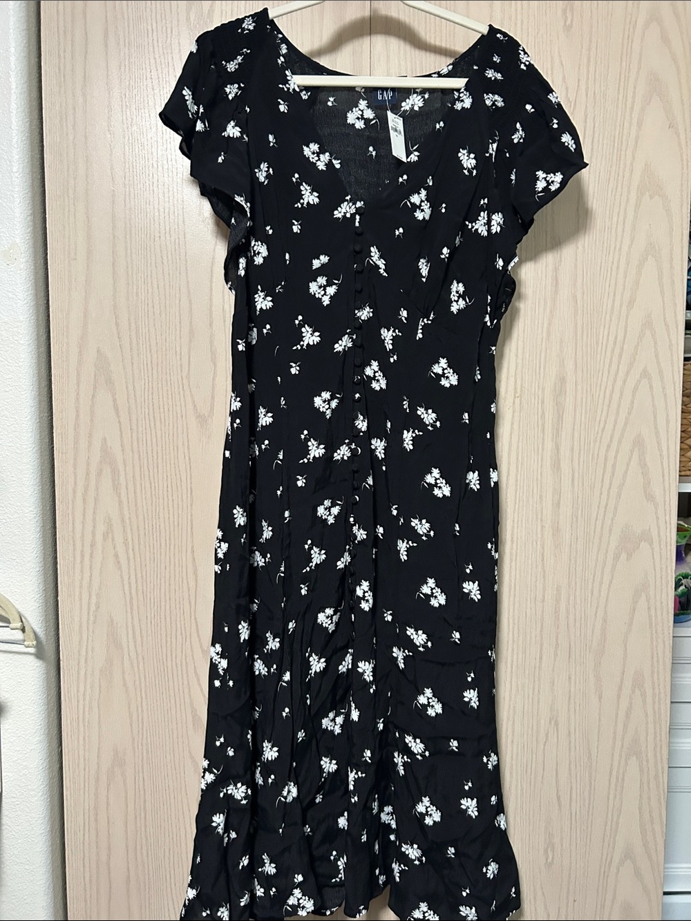 GAP Black Dress with White Floral Print and Button Front